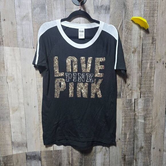 Victoria's Secret PINK Black McBling Gold and Silver Sequin Tee - Picture 1 of 4